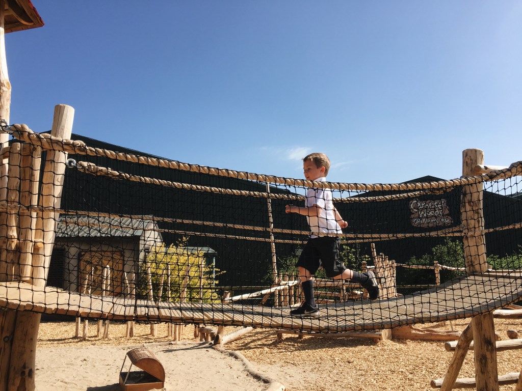 Boy playing on rope bridge