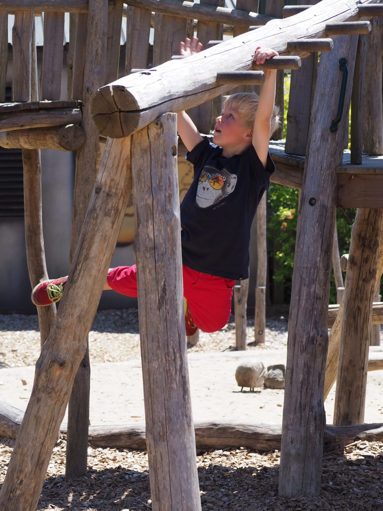 Boy swinging on pirate adventure playground